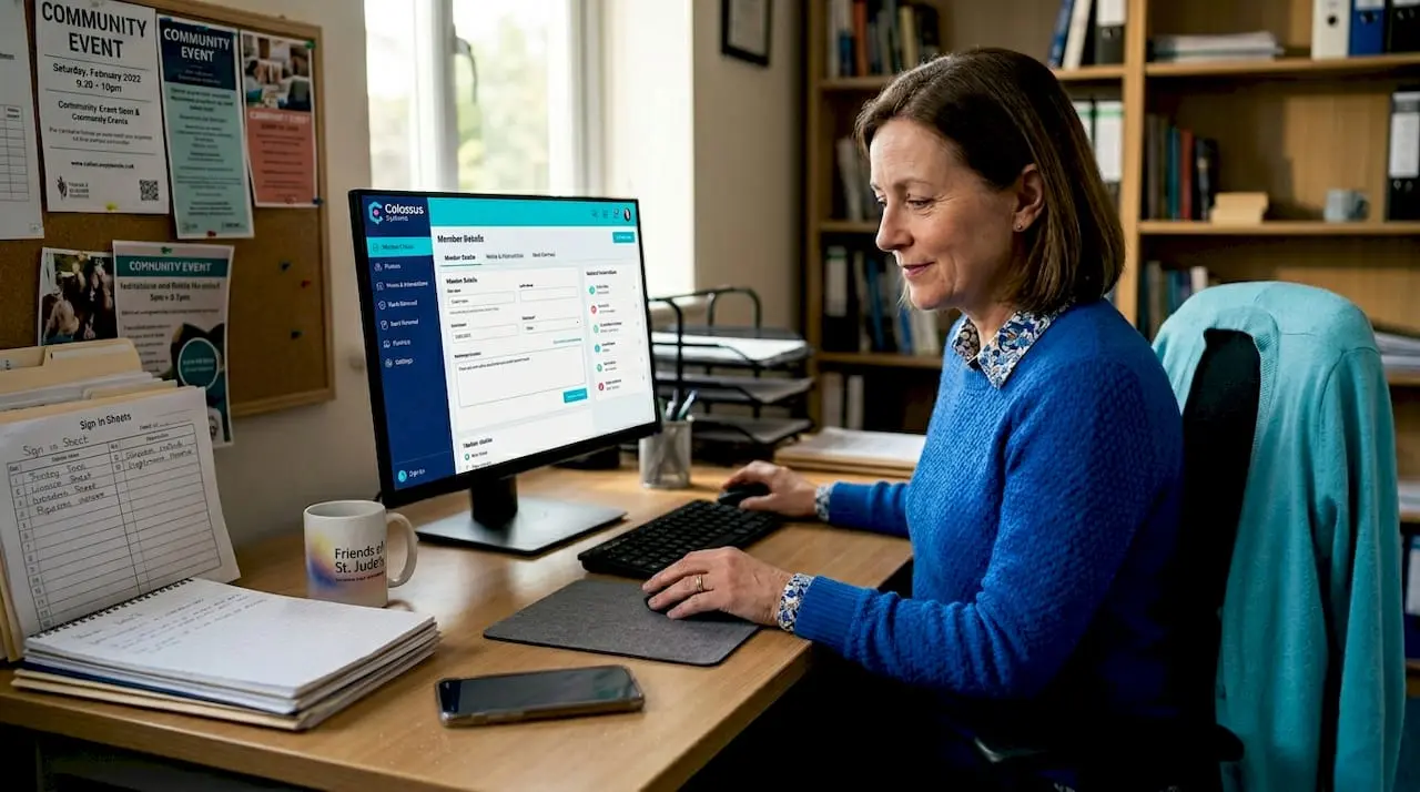 Membership leader using CRM at cluttered desk