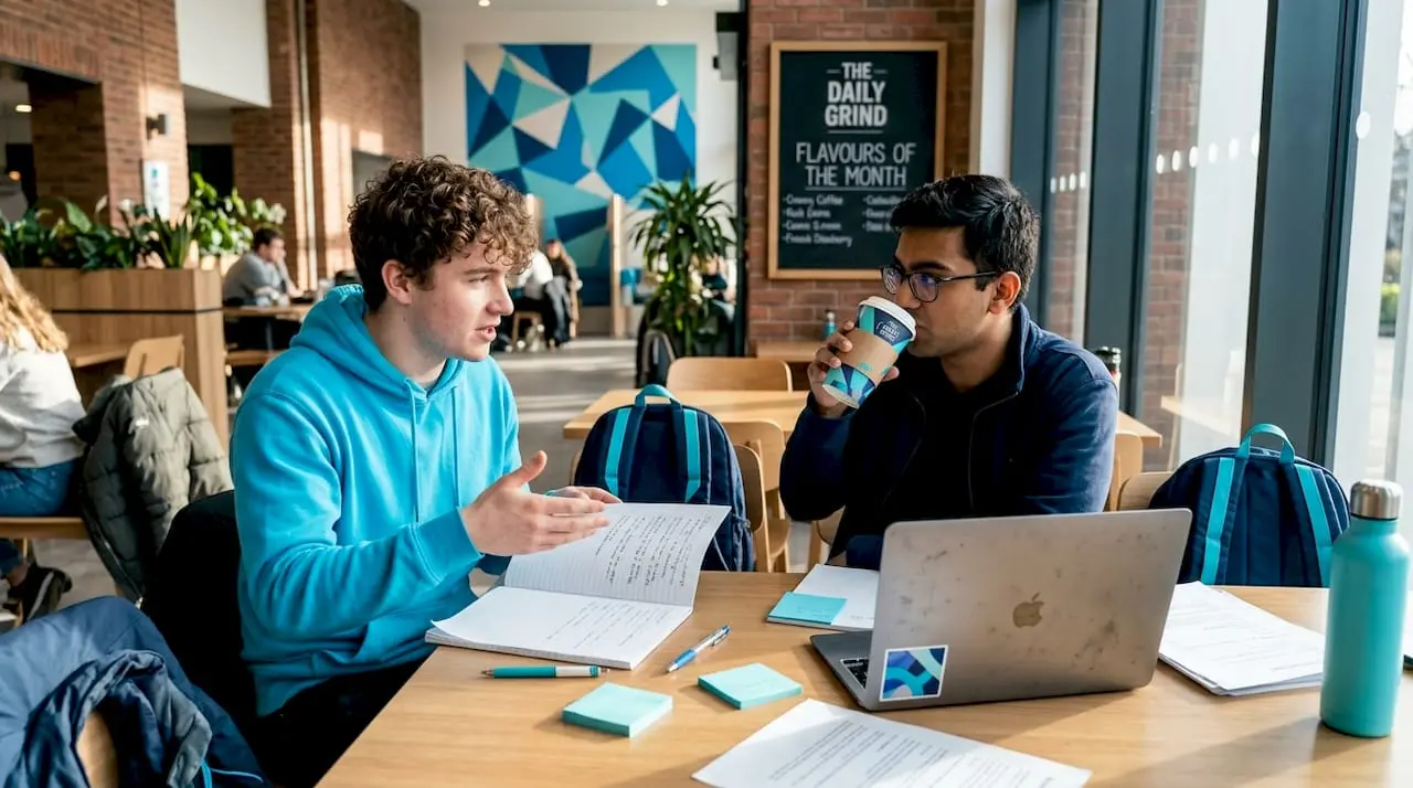 Students sharing peer support in café