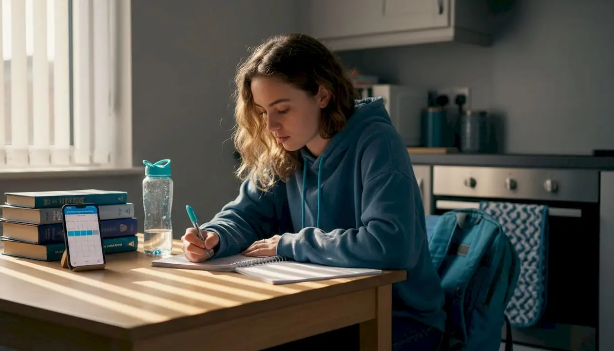 Student working at kitchen study table