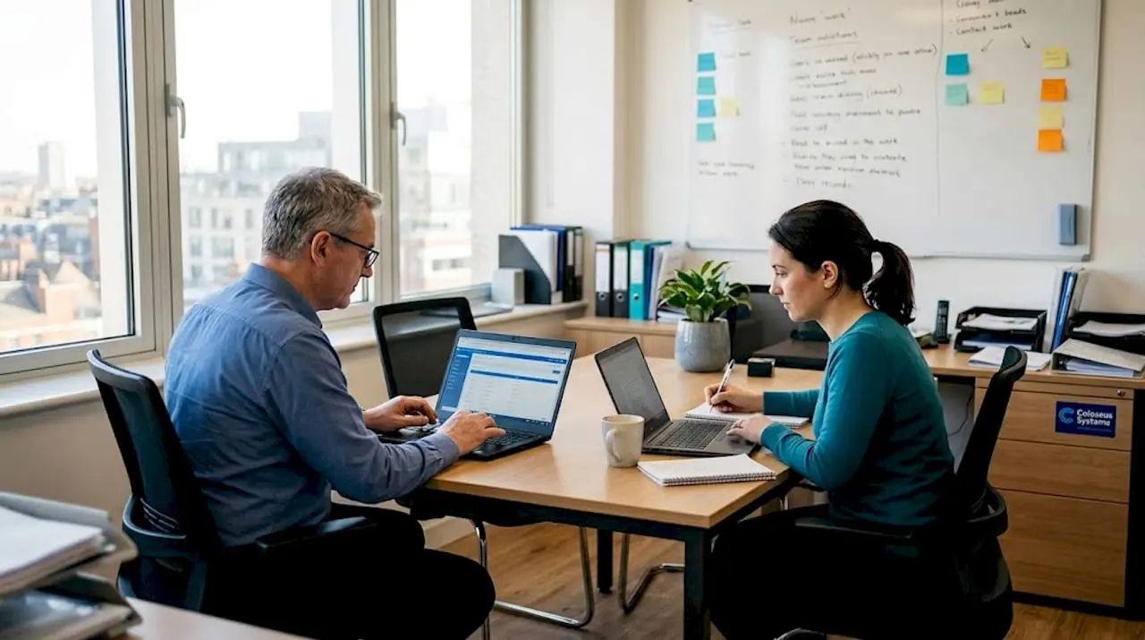 Membership managers collaborating on CRM at office