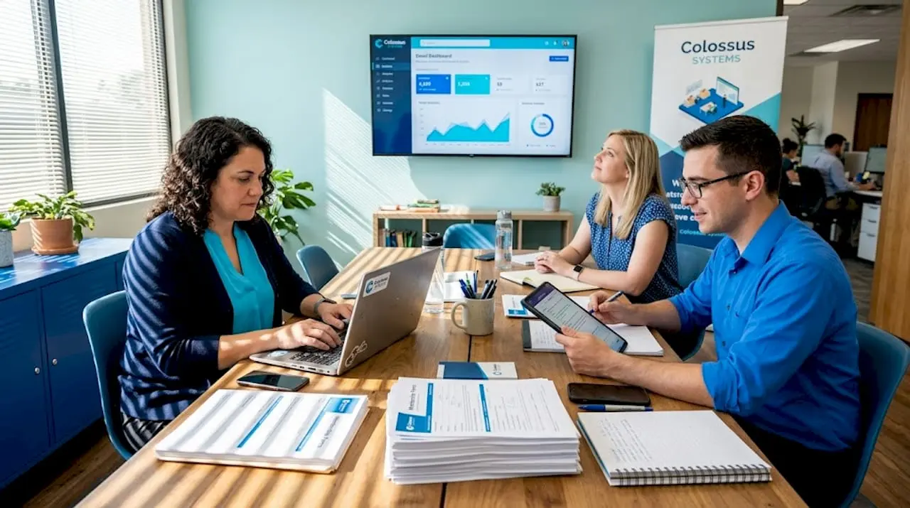 Team using CRM software in busy office