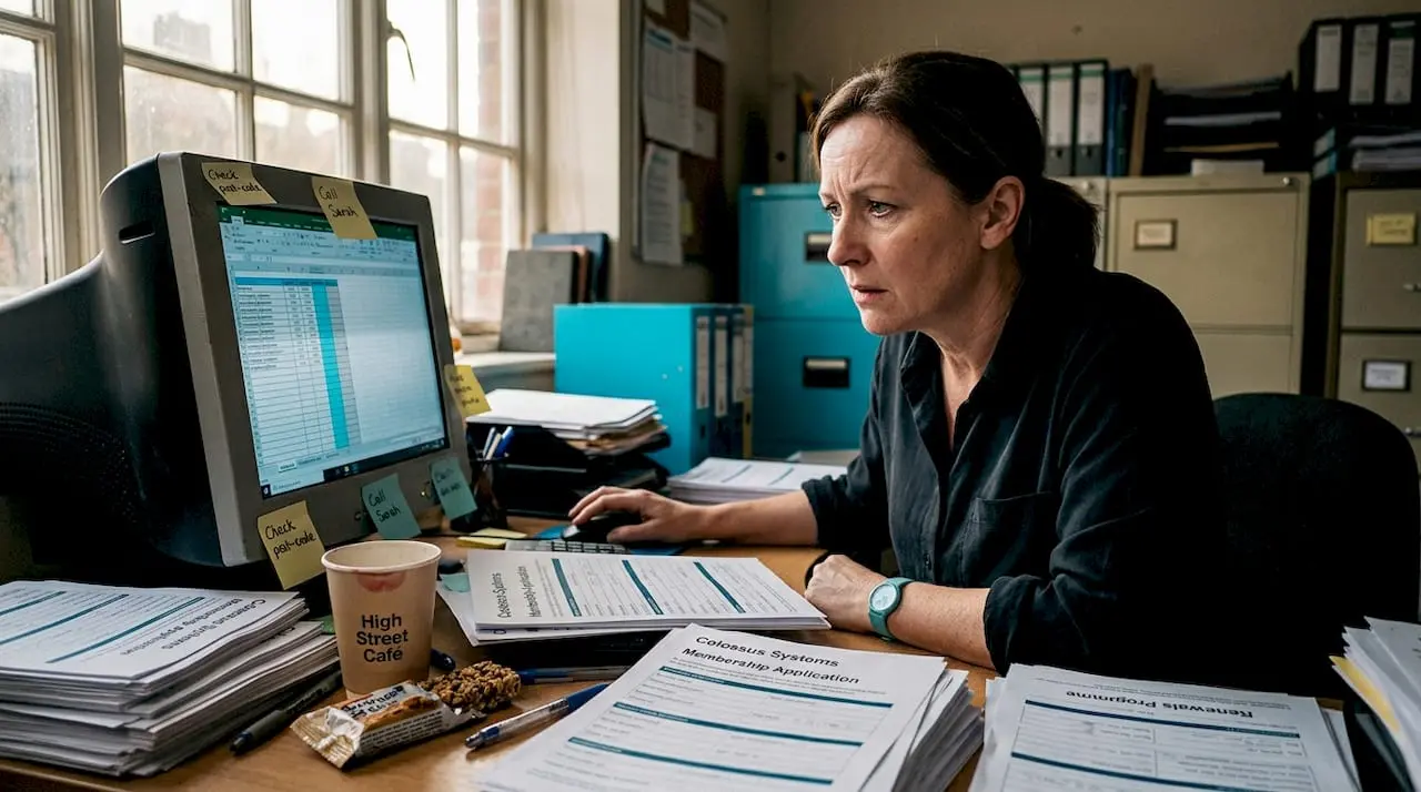 Administrator sorting forms at cluttered desk