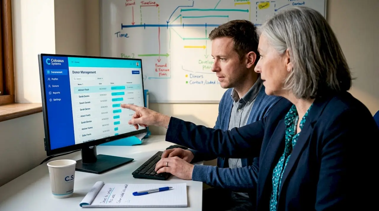 Staff and volunteer review shared donor data list