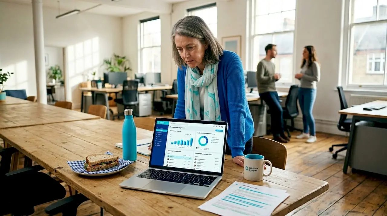 Nonprofit director collaborates with team using digital dashboard
