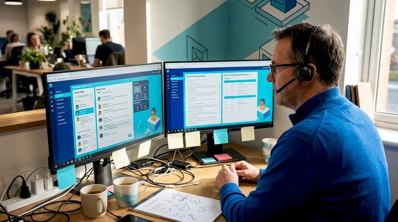 Moderator manages online event in busy workspace