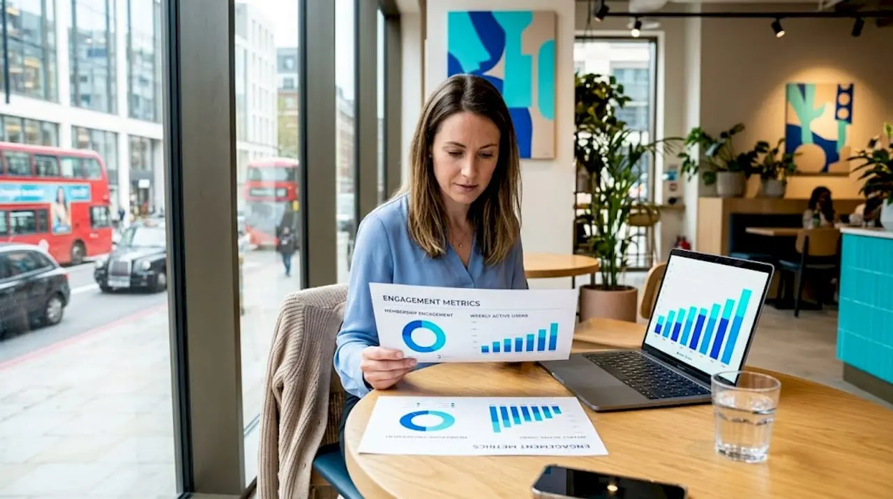 Professional reviewing printed engagement metrics dashboard
