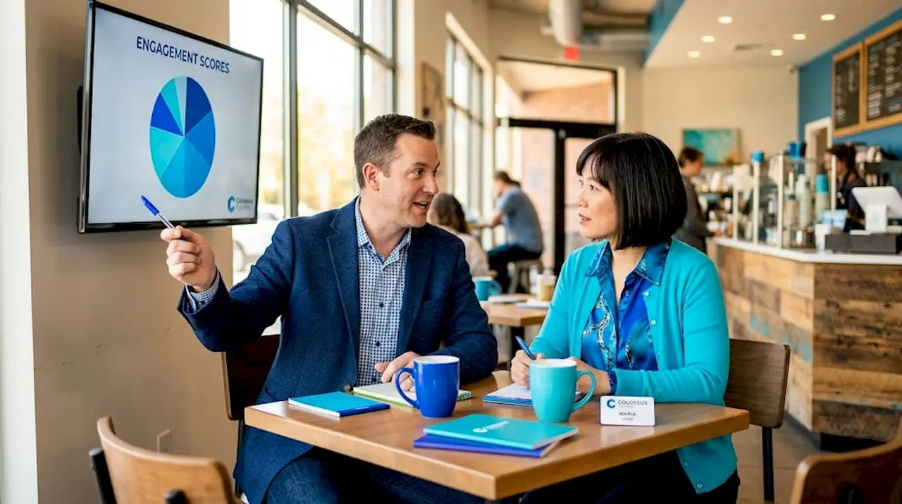Association staff discussing analytics in open office