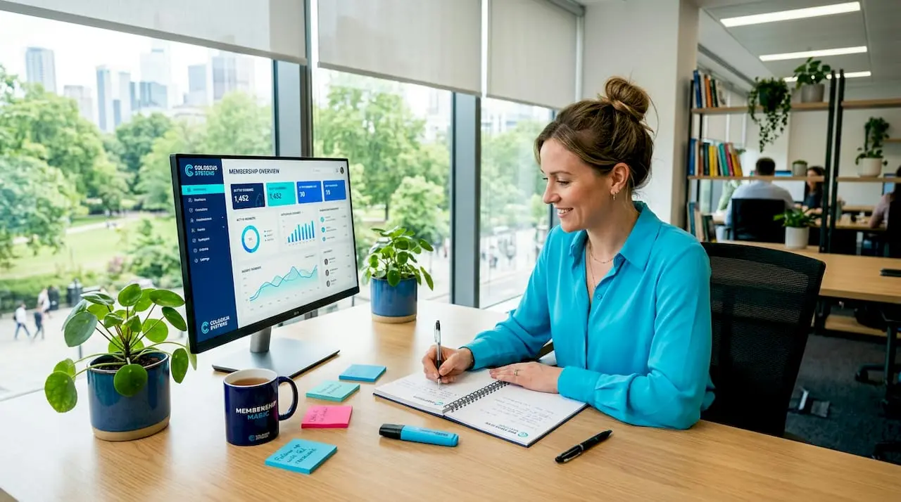 Membership manager taking notes at office desk