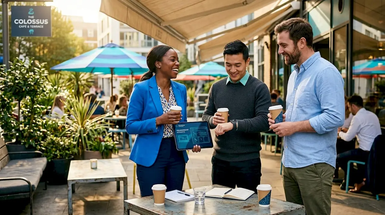 Colleagues chatting at café table during event