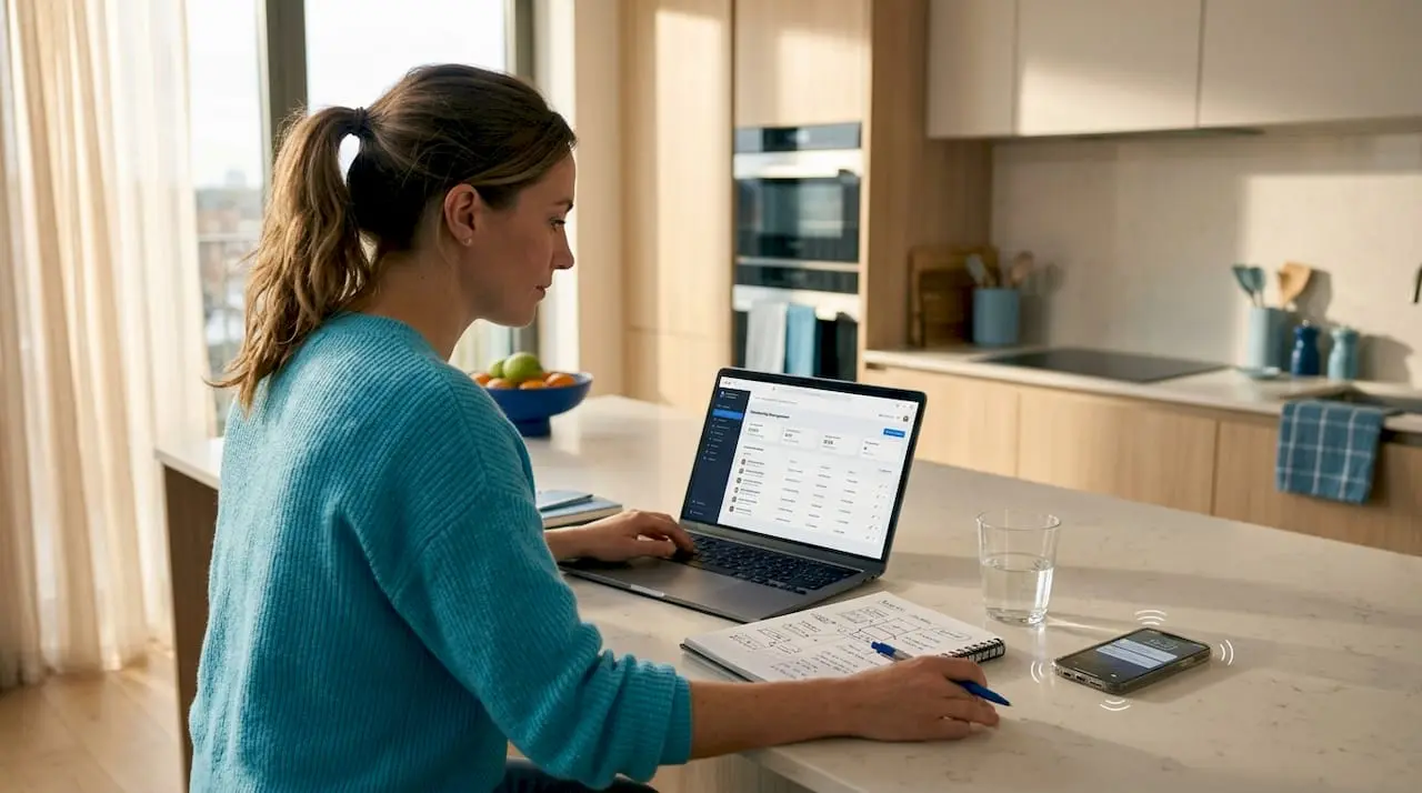 Woman planning online course at home table