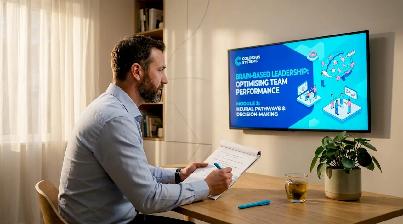 Man watching online neuroscience leadership course