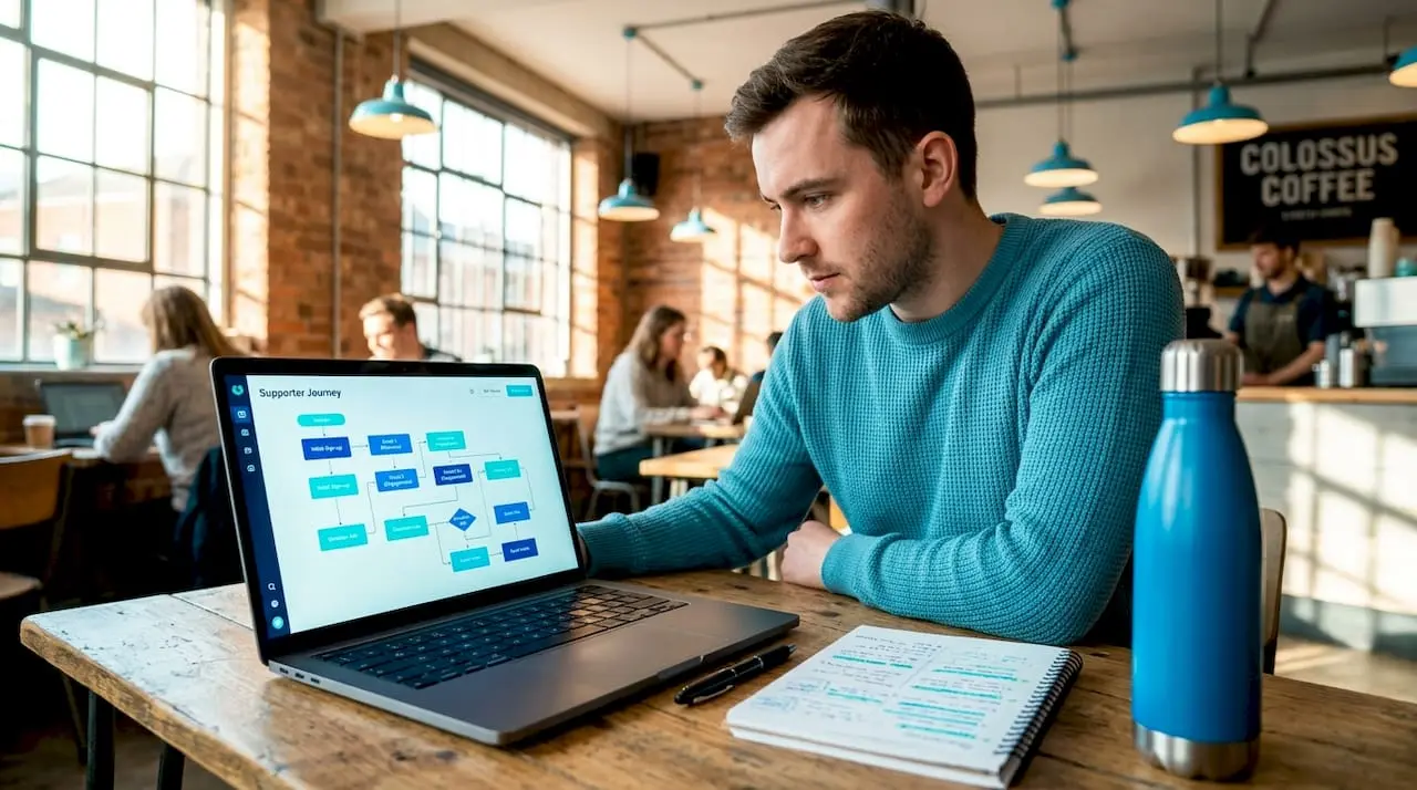 Manager reviewing automated welcome email flowchart