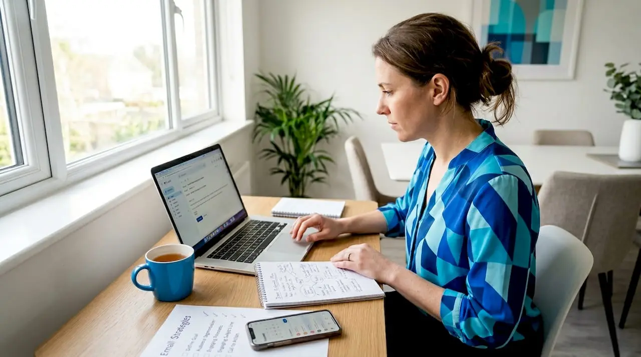 Program coordinator writing fundraising email at desk