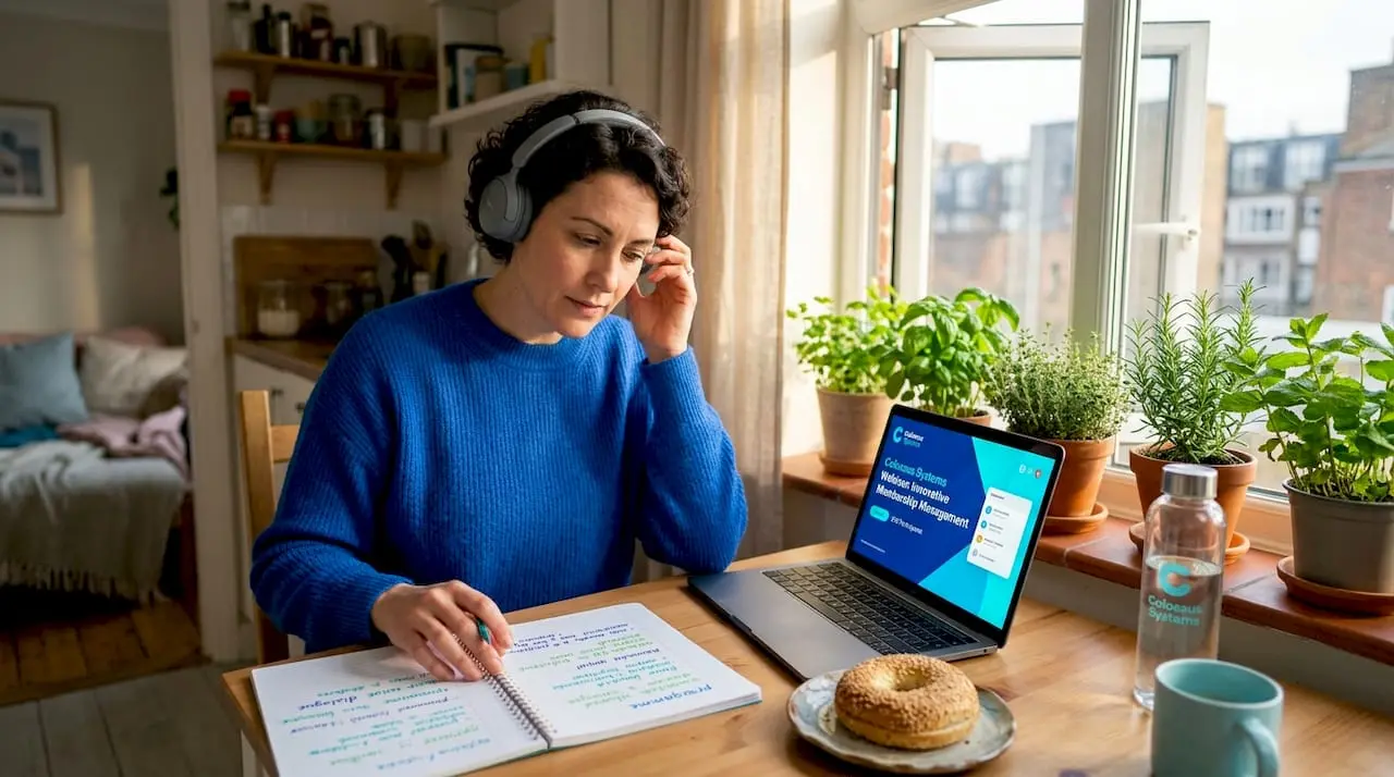 Woman hosting virtual event at home table