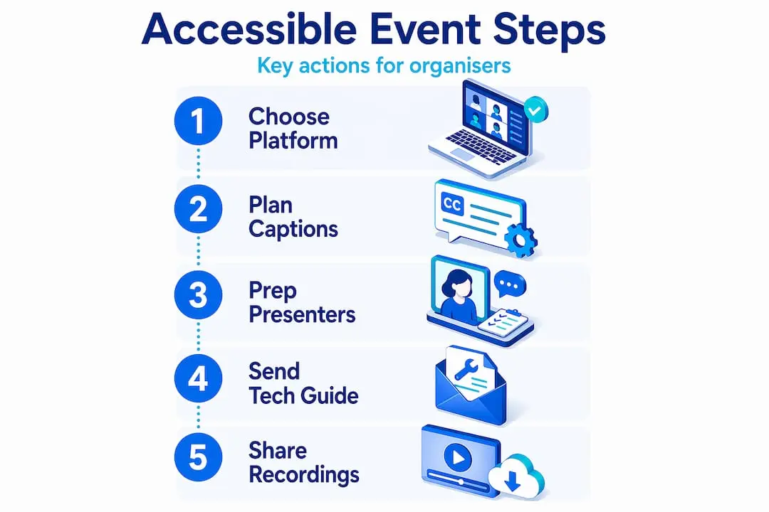 Infographic of accessible event steps for organisers