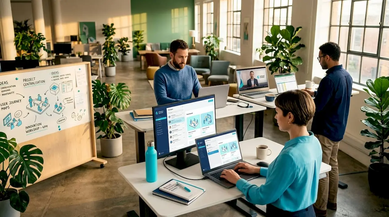 Coworking space team using digital collaboration tools