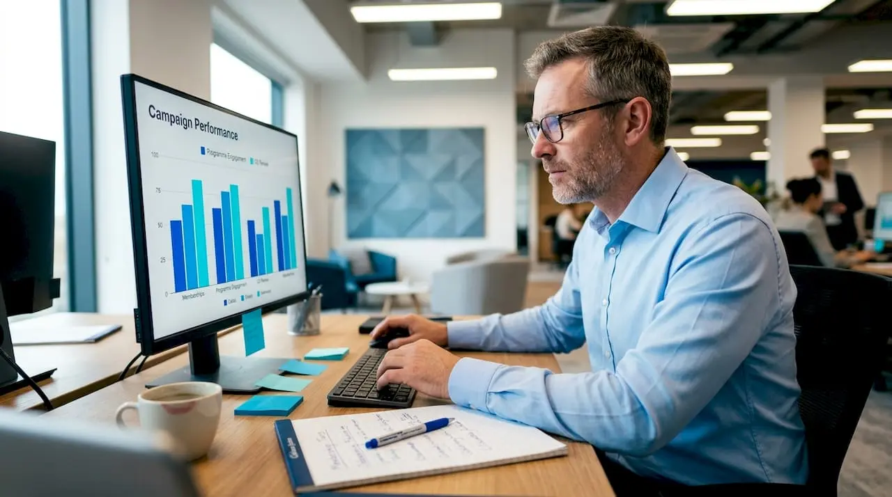 Marketer reviewing campaign analytics report at desk