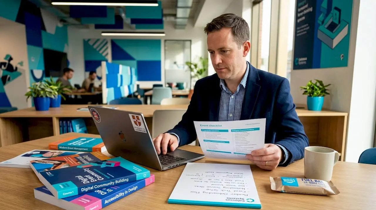 Man working on graduate event management assignment