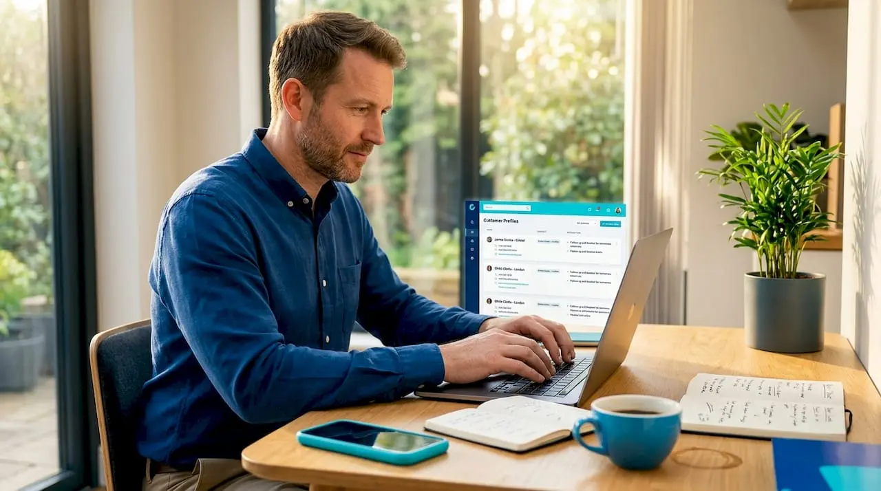 Small business owner using CRM software in home office