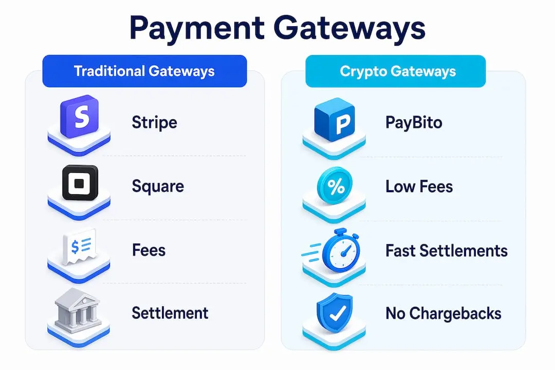 Infographic comparing traditional and crypto subscription payment gateways