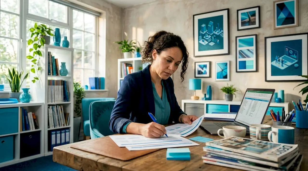 Event planner reviewing event timelines at office desk