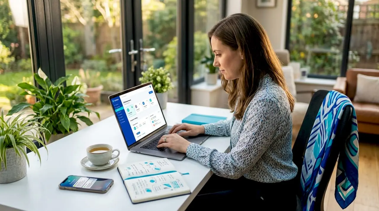 Professional woman working on CRM integration laptop