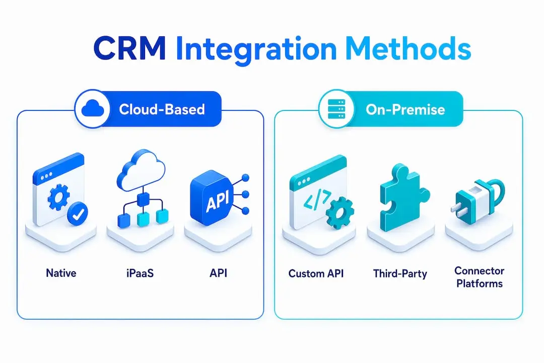 Infographic comparing cloud-based and on-premise CRM integration methods