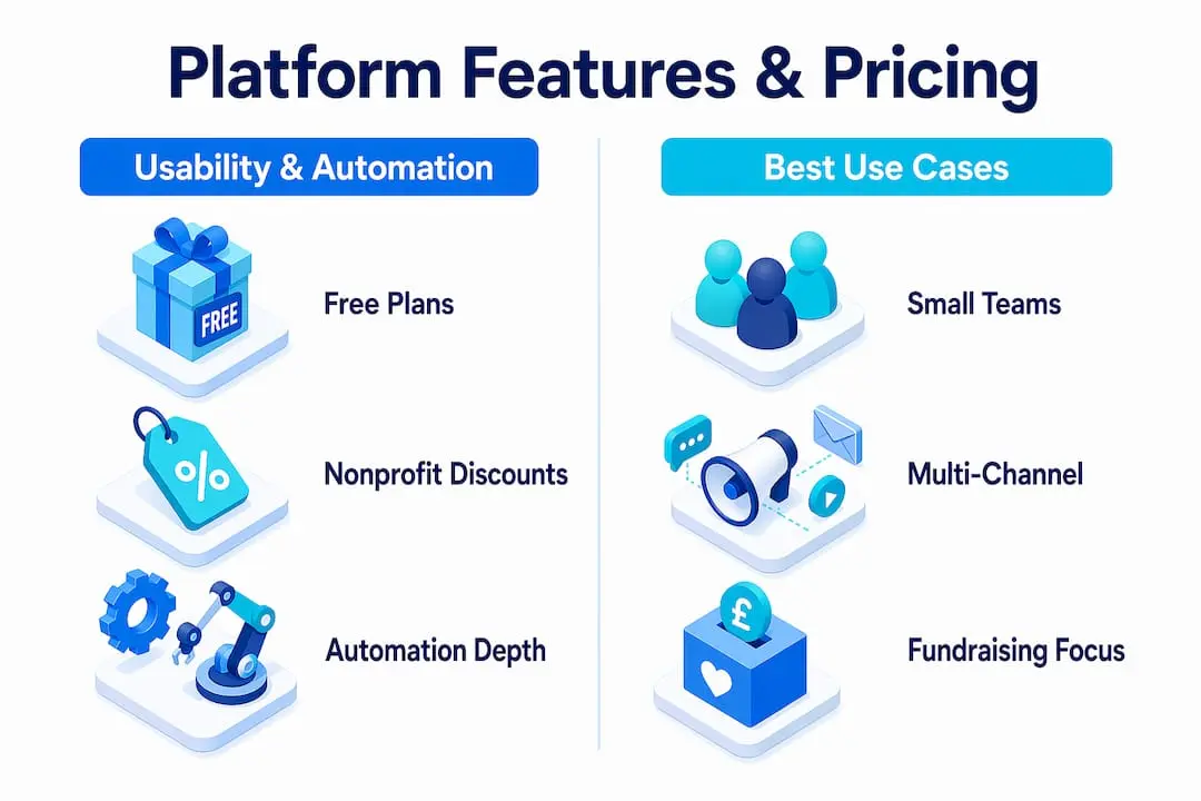 Infographic comparing nonprofit email platforms features and pricing