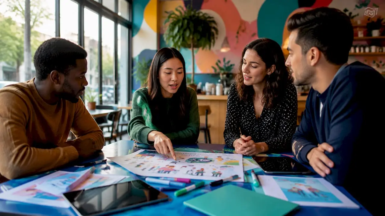 Diverse team planning inclusive events around table
