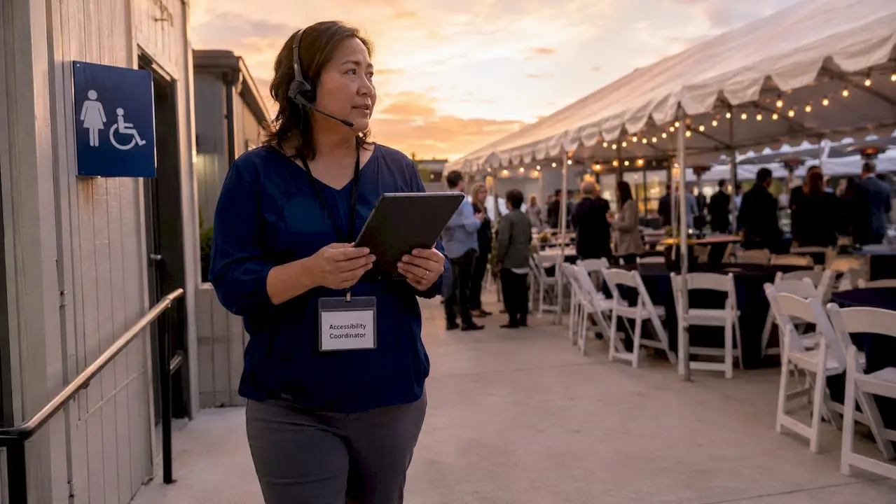 Onsite accessibility coordinator inspecting event venue