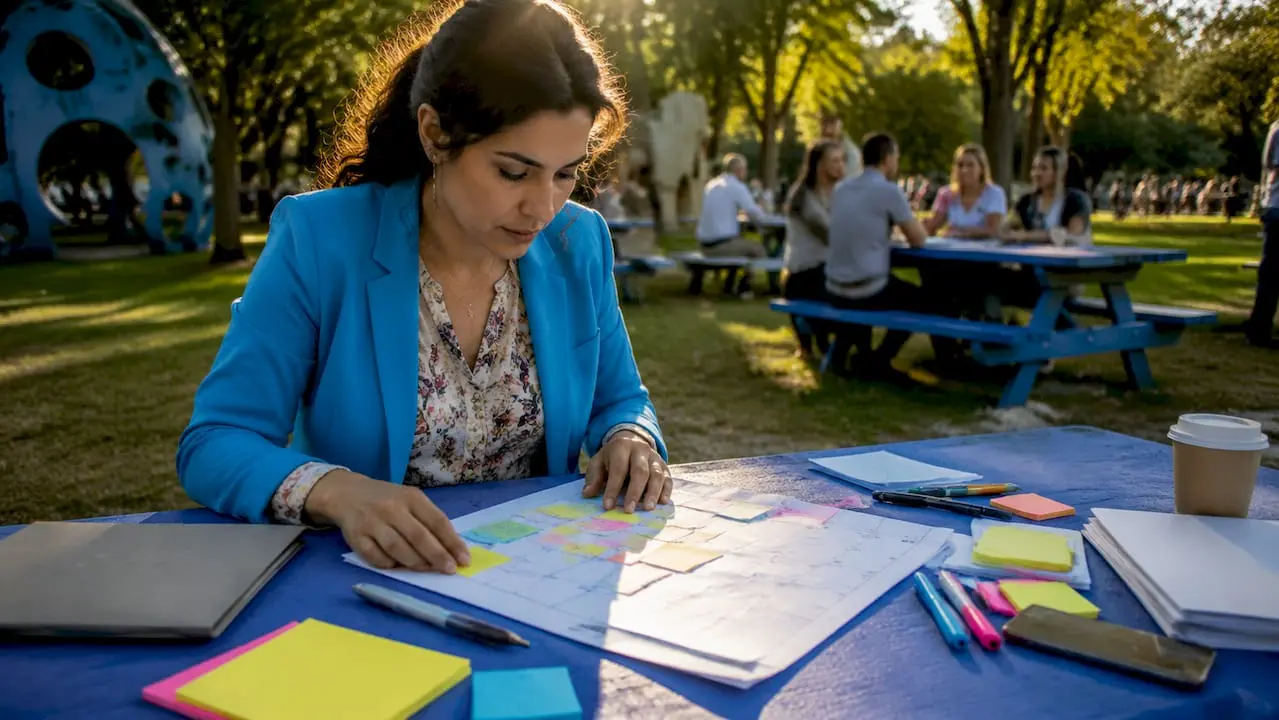 Event planner reviewing marketing schedule at table