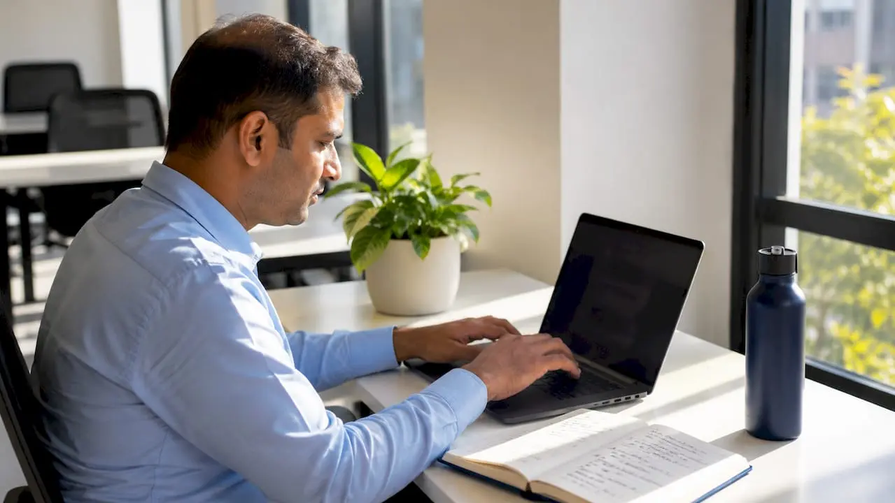 Hands typing on laptop keyboard in office