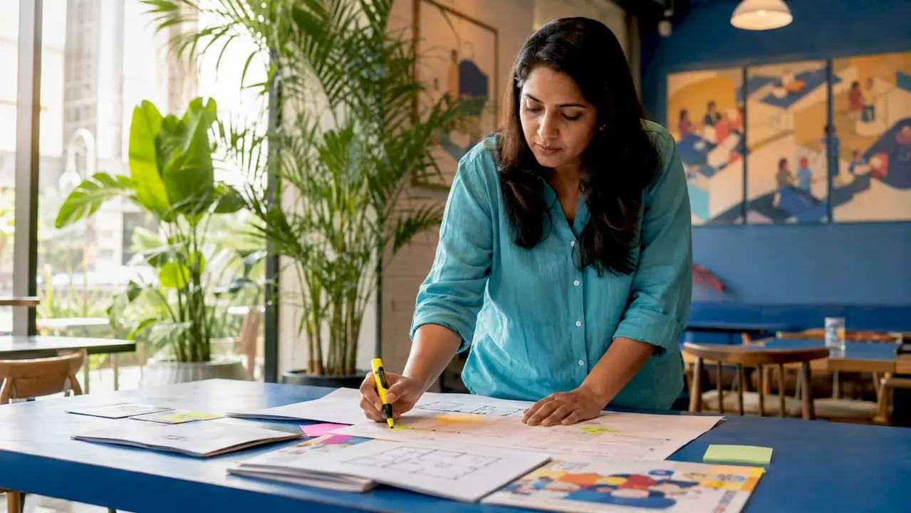 Exhibition planner organizing promotion materials