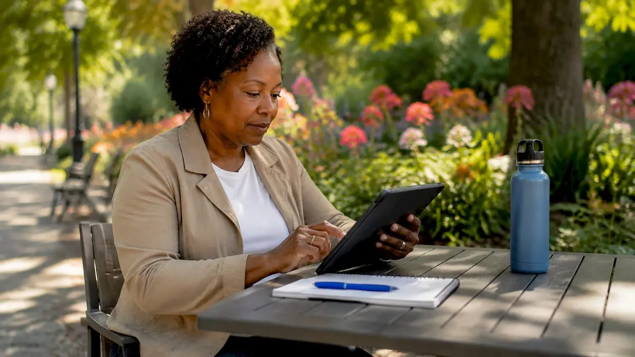 Woman engaging with personalized member profiles on tablet