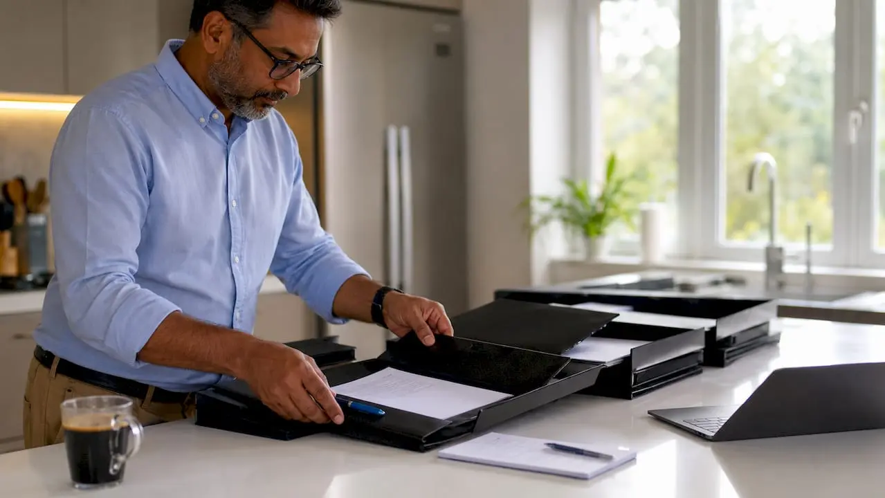 Man preparing personalized welcome kits in office