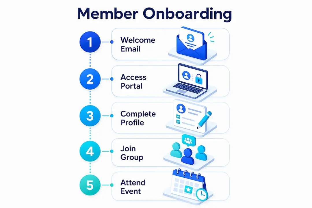 Infographic illustrating member onboarding steps