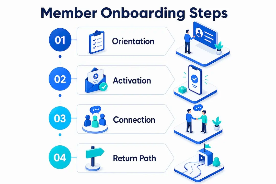 Infographic illustrating step-by-step member onboarding process