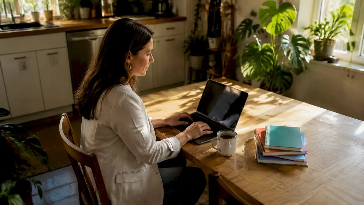 Woman using CRM software in office