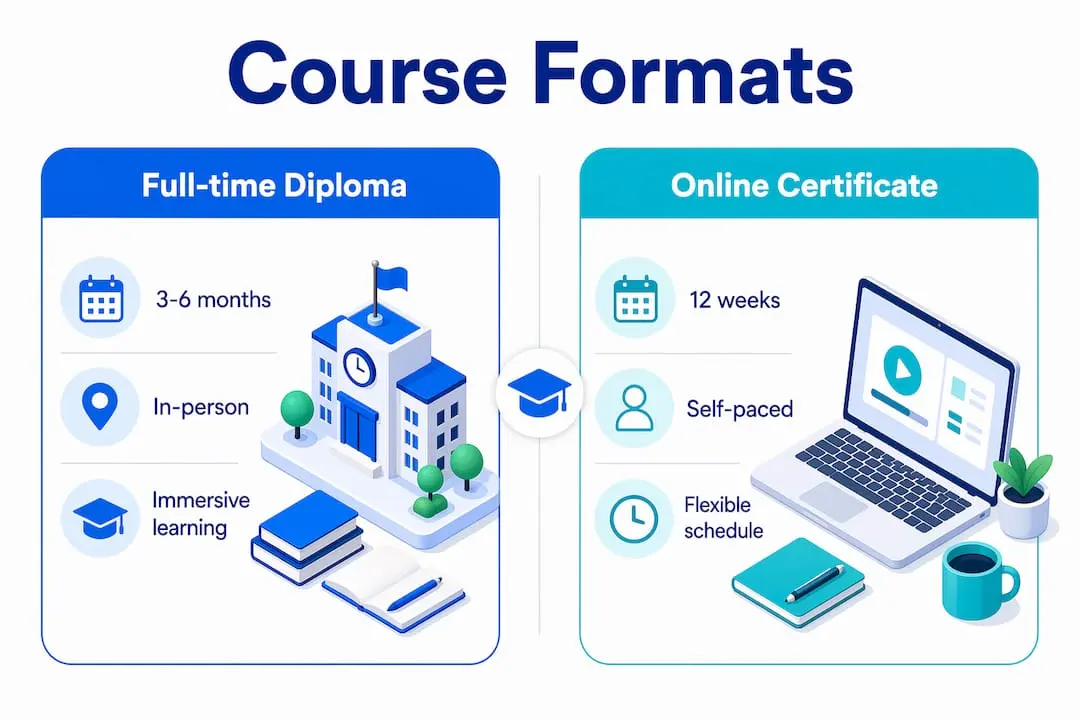 Infographic comparing full-time and online event management courses
