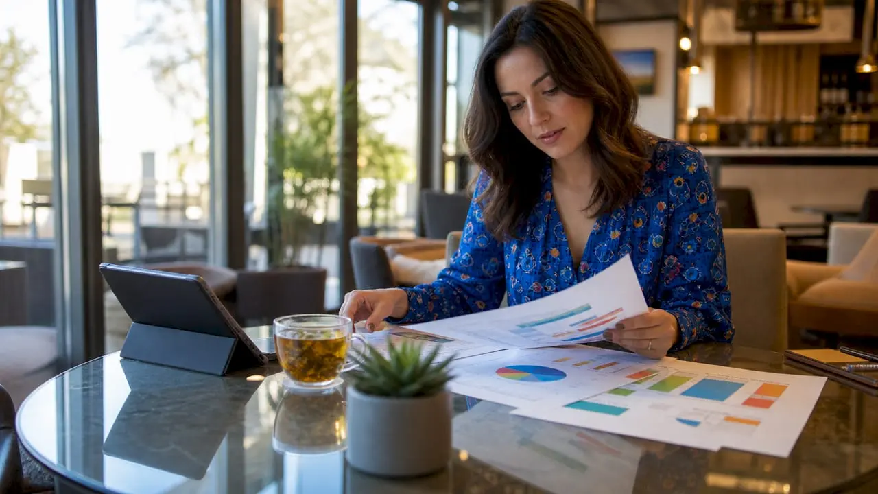 Marketing manager reviewing venue plan papers