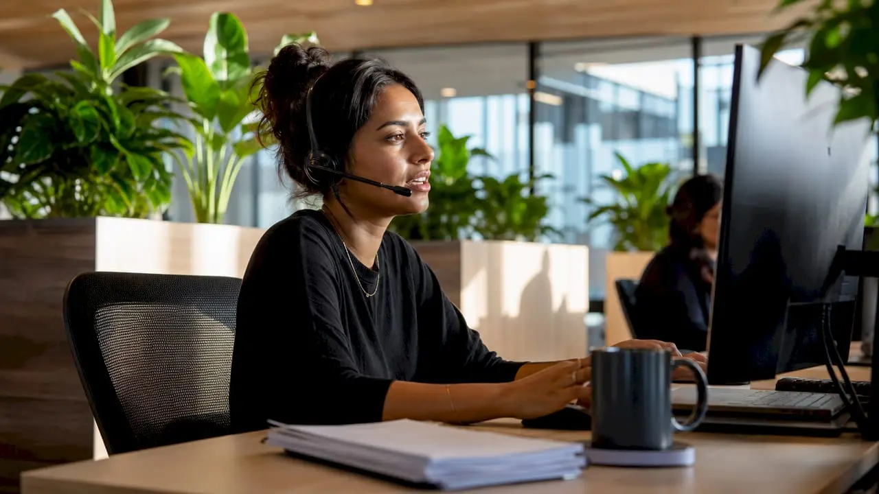 Call center agent wearing headset working CRM software