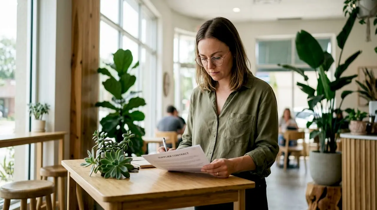 Event planner reviewing sustainable contract documents