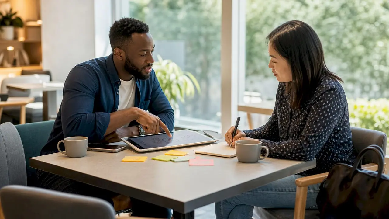 Two colleagues discussing platform architecture