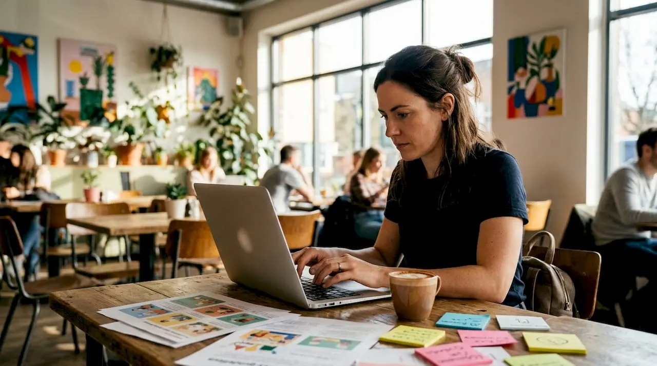 Community manager working on laptop at home