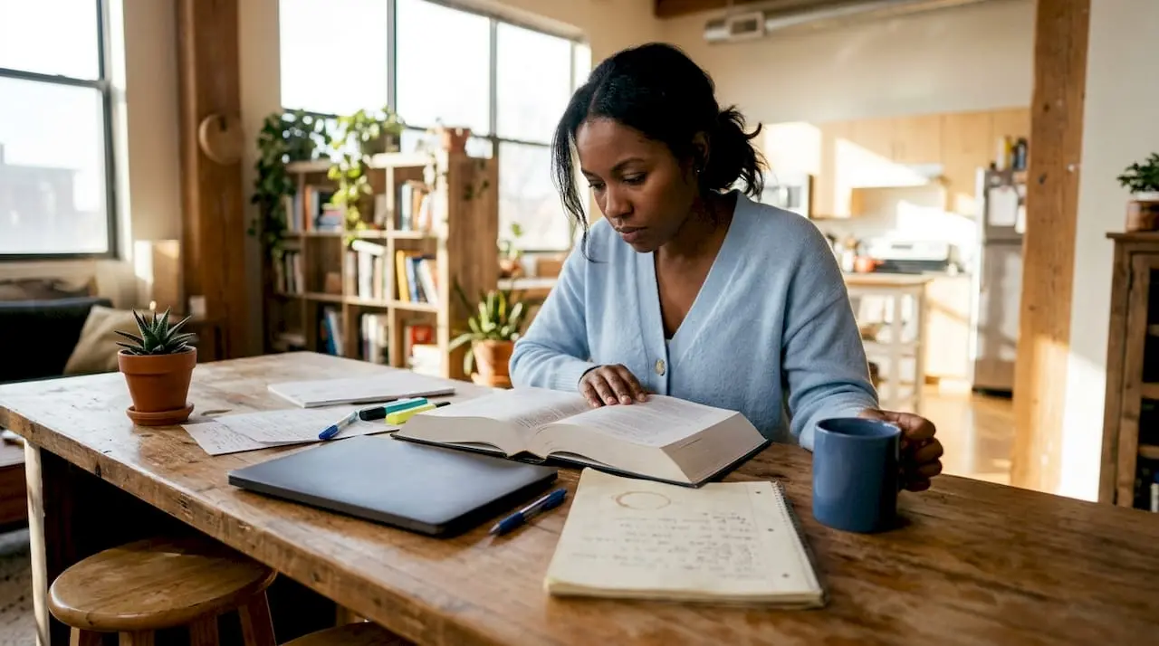 Woman studying online training certification materials