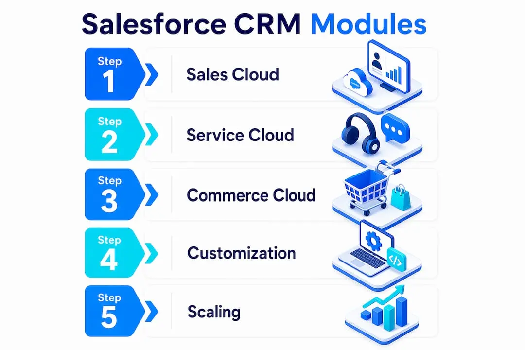 Infographic illustrating Salesforce CRM modules flow