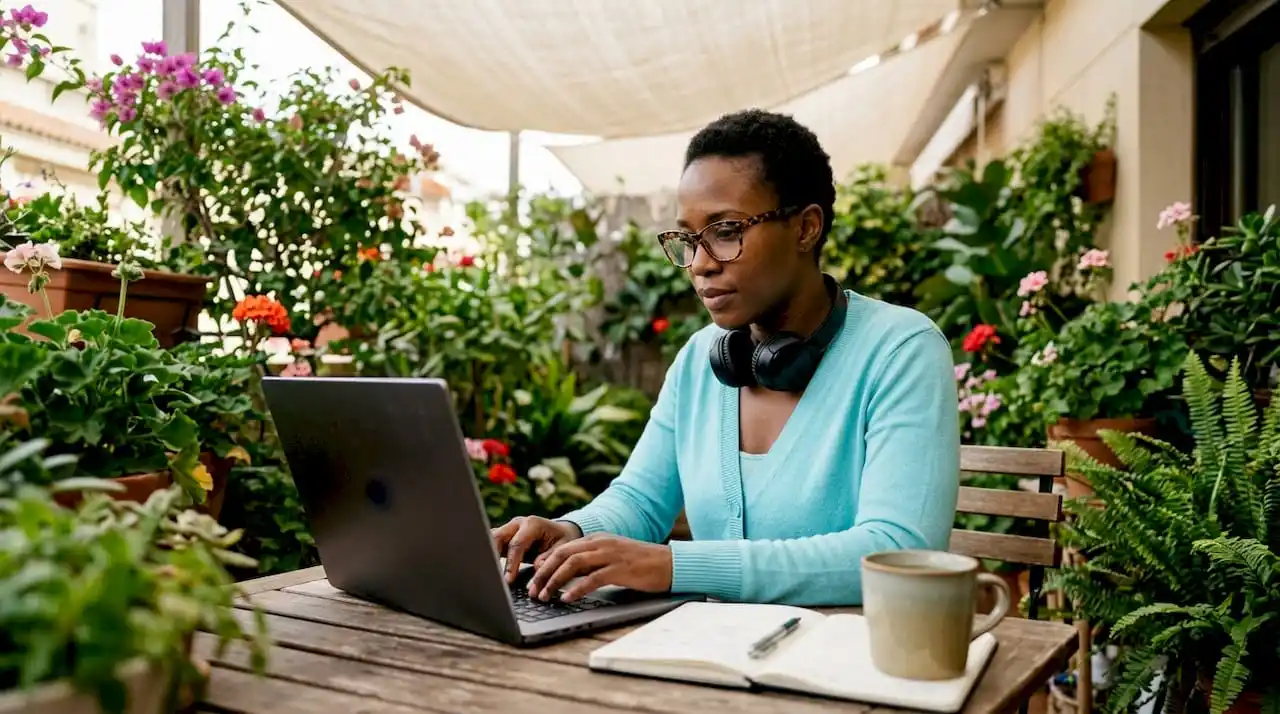 Woman managing virtual meeting at home office