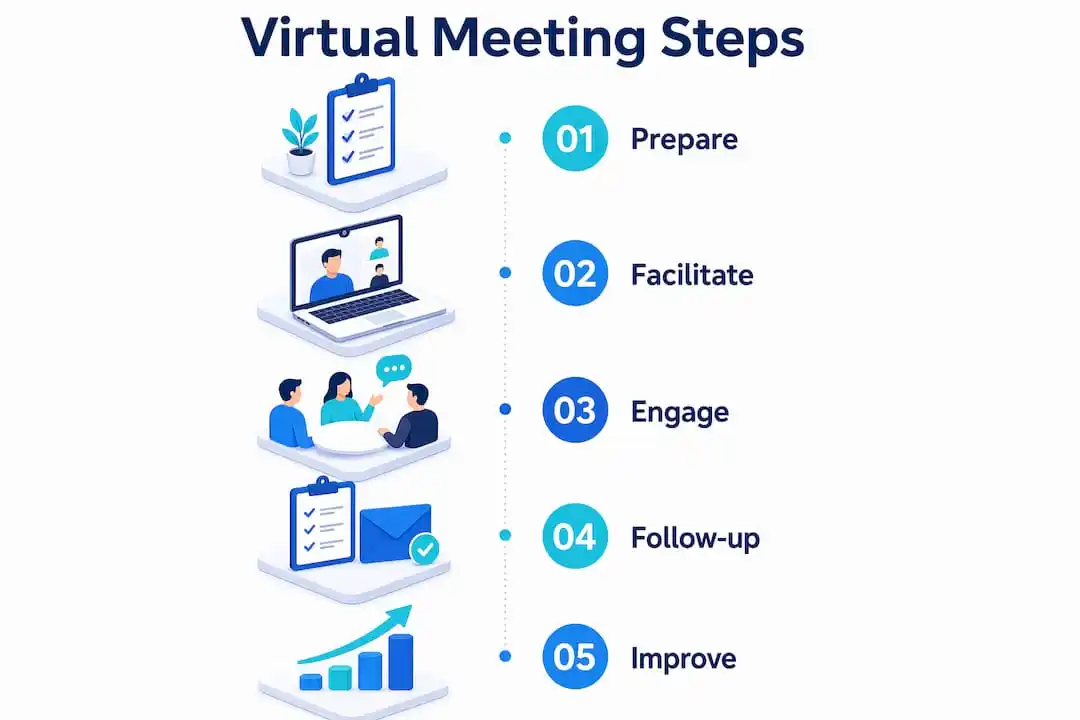 Infographic showing virtual meeting management steps