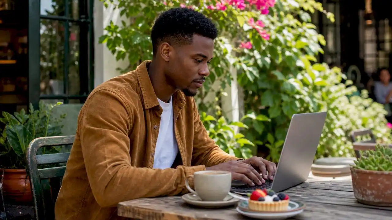 Hands typing on laptop in café setting