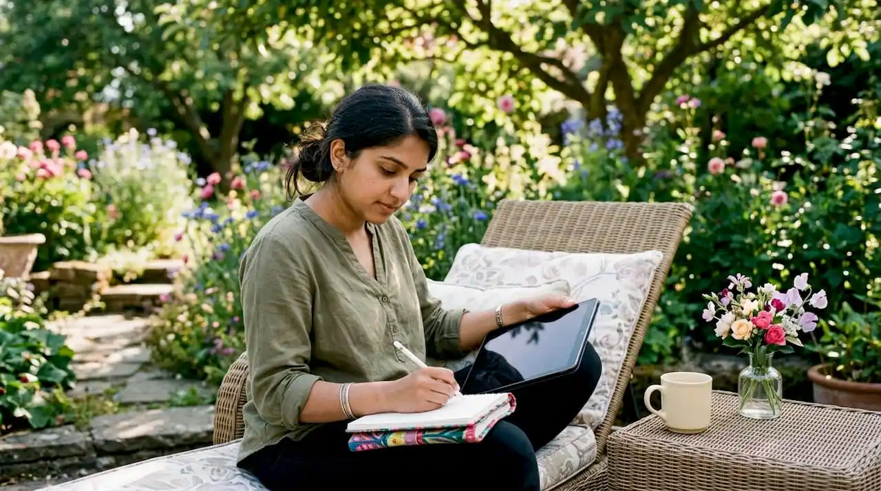 Woman planning wedding on tablet at home